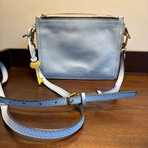 FOSSIL Blue Gray Leather Small Shoulder Crossbody Handbag P